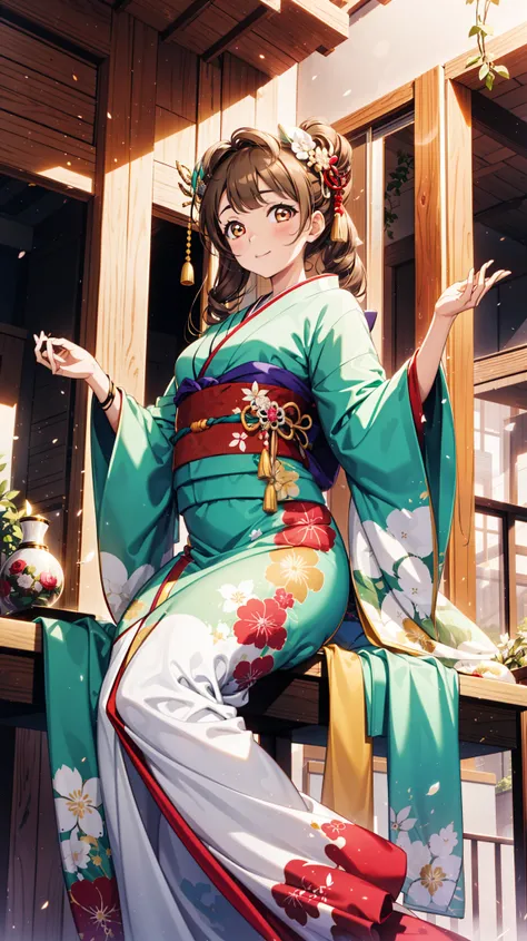 Brown hair，Golden Eyes，Charm ，Geisha decoration，night，bedroom，（Japanese Kimono：1.2）， Medium Curve，Top quality，Reasonable body proportions