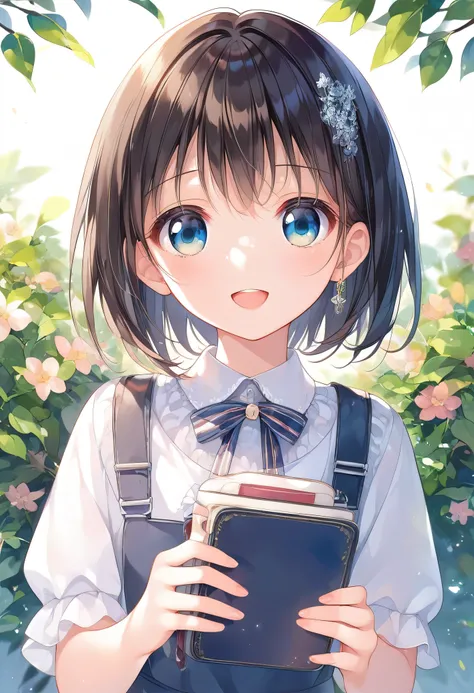 A quiet and timid girl、Black short hair female junior high school student、、laughing、A beautiful girl with slightly droopy eyes、、Anime Girls, Fascinating Anime Girls, anime style, Best anime girl, , Rei Hiroe, style, Anime Moe Art Style, Cute anime visuals,...