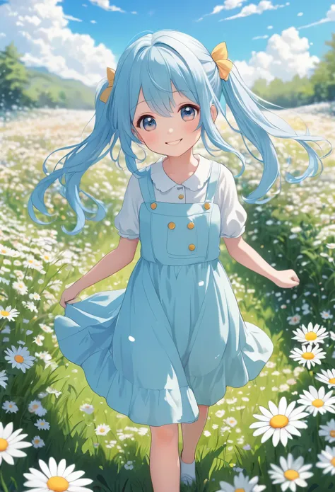 Girl in a field of daisies, Light blue long hair、Beautiful girl with twin tails、smile、Girl walking in a flower field, Girl in the flower garden, Cute art style, Cute girl anime visuals, Cute digital art, Girl in Flowers, Girl walking in a flower field, Gir...