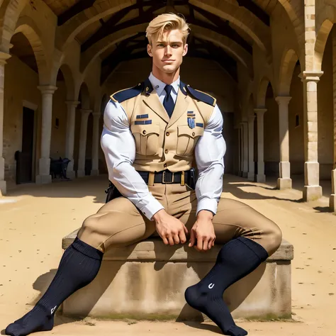 full lengthe , a blond handsome  cop with preppy short haircut, in beige uniform with tight breeches and long black thin socks ,...