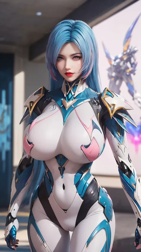 a beauty girl with ( blue pink hair, multiple color long hair:1.7), mecha_musume, 1 robot knight, 1girl, (close up upper body:0....