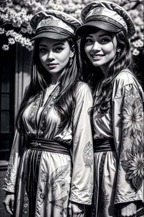 academic gown, academic robe, mortarboard, square cap, university campus, buildings, cherry blossoms, smiling, 2girls, detailed uniform, look at viewer, (SIGMA 85mm f1.4), depth of field, bokeh,  detailed photorealistic background, diffused natural sunligh...