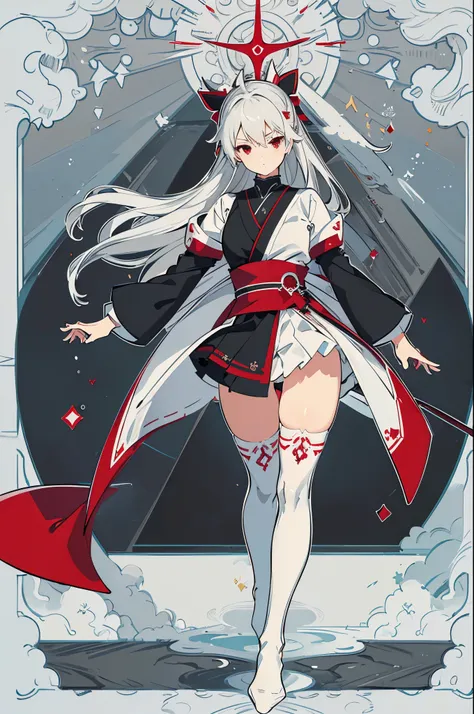 masterpiece of the highest quality, expensive_resolution, Delicate details, Very detailed and beautiful, clear_image, 1 girl, Alone, Silver Hair,Red eyes, (Huge), (),Curvy,(Ninja),((thigh high socks)),(whole body)、((Standing posture))、((Angle from above))、...