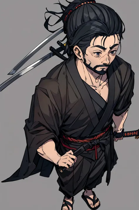 A samurai man, hair tied back, black robe and with a katana sword on the back, thin beard, full body