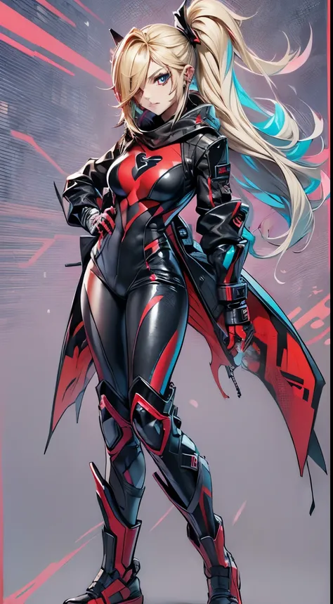 top-quality、Top image quality、​masterpiece、evil girl with((18year old、Red, black and blue glowing cyber suit, falda corta, blonde hair streaked with lots ofred, black and blues hihlights, mystical,、Shining Cyber White Hoodie、Best Bust、Bust 90、Blonde Away T...