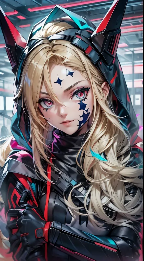 top-quality、Top image quality、​masterpiece、evil girl with((18year old、Red, black and blue glowing cyber suit, falda corta, blonde hair streaked with lots ofred, black and blues hihlights, mystical,、Shining Cyber White Hoodie、Best Bust、Bust 90、Blonde Away T...