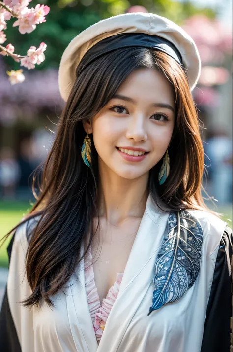 academic gown, academic robe, mortarboard, square cap, university campus, buildings, cherry blossoms, smiling, 2girls, detailed uniform, look at viewer, (SIGMA 85mm f1.4), depth of field, bokeh,  detailed photorealistic background, diffused natural sunligh...