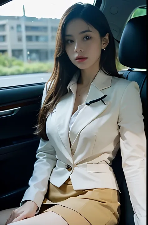 (masterpiece:1.3), (8 thousand, Realistic, RAW photos, Best quality: 1.4), (1 female),(((Sexy woman in short skirt suit sitting in driver&#39;s seat of luxury convertible sports car))), (((The driver&#39;s side door is open.))),  (((하체에 짙은색 Realistic 불투명한 ...