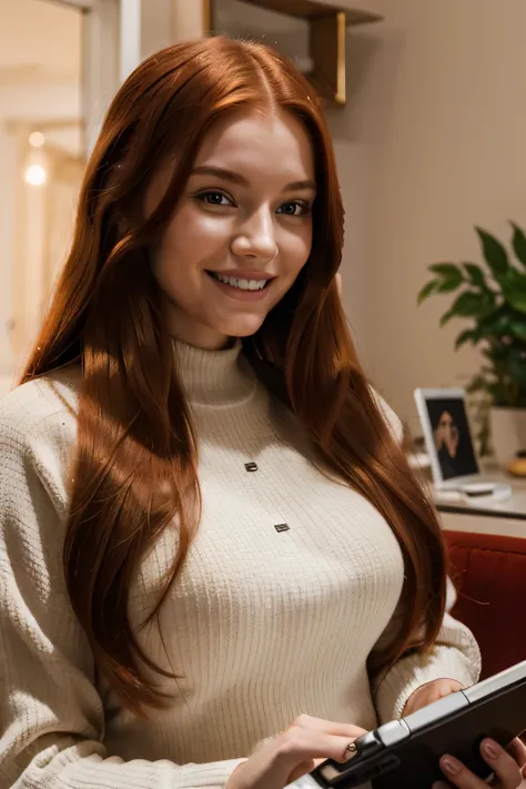 A radiant smile illuminates the face of the AI ​​influencer, with long red hair, Ultra high definition images of our digital AI influencer, smiling as she interacts with modern technology in her home.