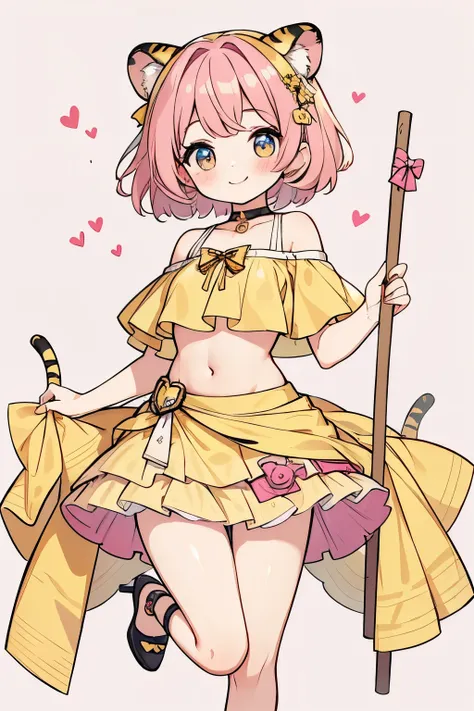 High resolution, masterpiece, Anatomically correct, Best Quality, One girl, smile、Blushing、Short Hair、Large, wide eyes、Pink Hair,Choker、Heart symbol、Simple Background、Shoulders stick out、I can see your belly button、Thighs、mini skirt、High heels、Yellow cloth...