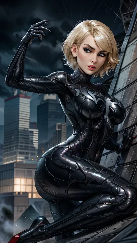 woman 60 year, spider-man venom black suit, short blunt hair, blond, pretty face, rain, roof, first work, cracked details, perfe...