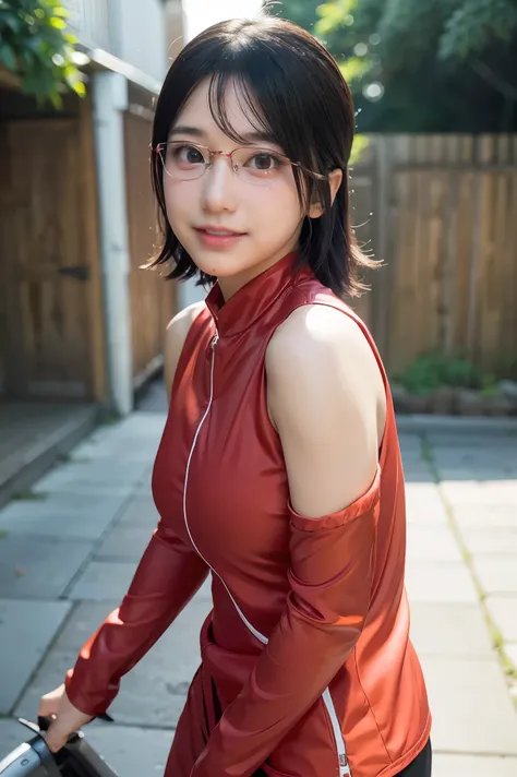 1girl, sarada uchiha in anime boruto, short hair, black hair, red eyes, smile, beautiful, sexy dress, sexy clothes, red clothes,...