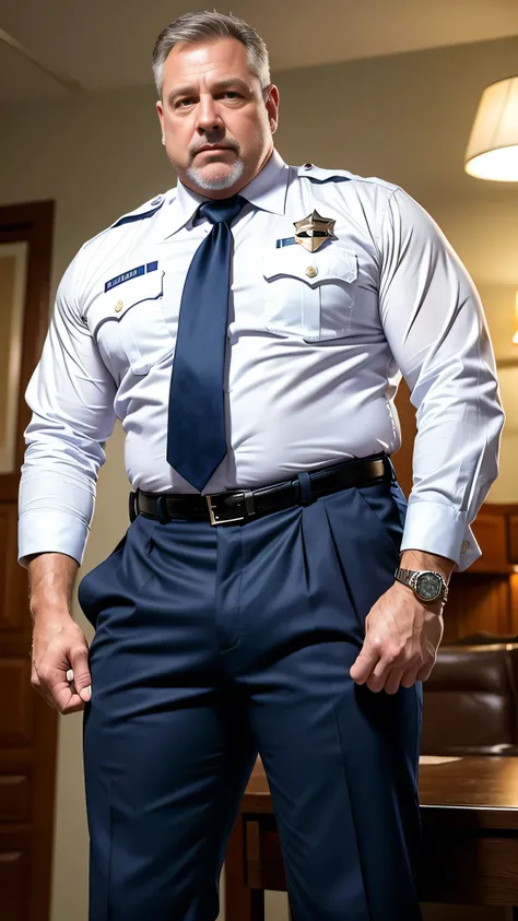 professional photography style, age 60, white man america police officer, horny disgusting, muscular chubby, opened up uniform s...