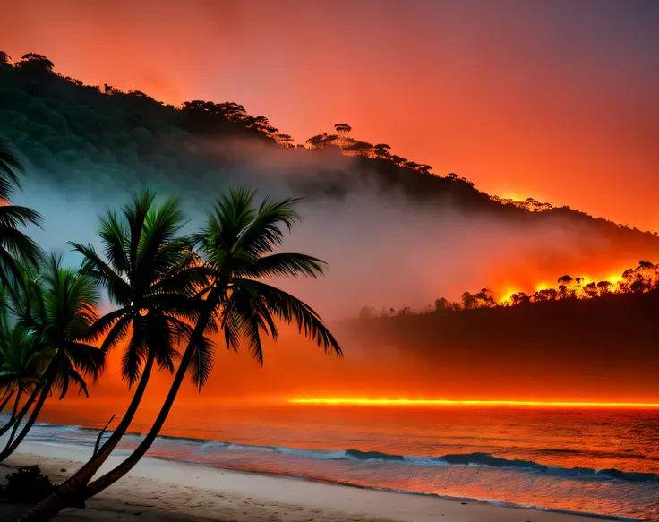 Lush tropical island view, Gentle waves on the beach, Palm trees, Dense tropical forest deep in the hills. Dramatic red orange sunset.
High contrast and high saturation, Very detailed, high quality, masterpieceMysterious, Particle Effects, (Dust, Wind gust...