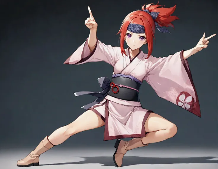 Uma Ninja of Konohagakure , "Naruto".(Red hair short sidecut,Lilac eyes ,Light brown skin,short lilac kimono,on the kimono sash a similar symbol of the large Uzumak family,konaha&#39;s bandana is on the right leg,Light pink boots without socks ,).the ninja...