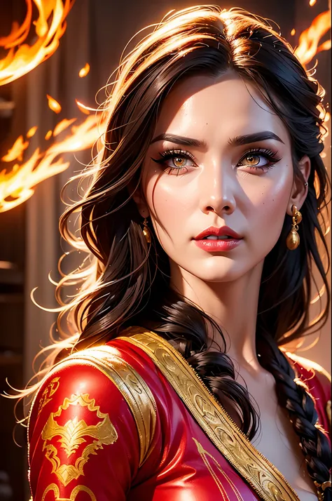 Portrait of Incredible young woman fire master, extremely detailed face, beautiful detailed fire eyes and red lips with long eyelashes.  Fire Tribe Short Costume, intense pose, ready to fight, photorealistic, cinematic lighting, 8K, fire blooms,fantasy art...