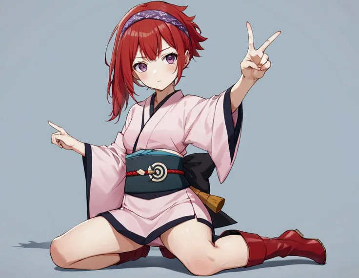 Uma Ninja of Konohagakure , "Naruto".(Red hair short sidecut,Lilac eyes ,Light brown skin,short lilac kimono,on the kimono sash a similar symbol of the large Uzumak family,konaha&#39;s bandana is on the right leg,Light pink boots without socks ,).the ninja...