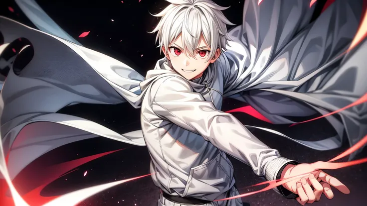 MASCULINE, Young, vtuber style, Boruto-like white hair, all white sweatshirt, gray pants, vibrant dark red eyes, solo, stand, smile