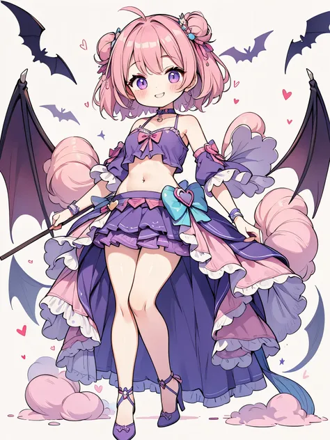 High resolution, masterpiece, Anatomically correct, Best Quality, One girl, smile、Blushing、Short Hair、Large, wide eyes、Pink Hair,Choker、Heart symbol、Simple Background、Shoulders stick out、I can see your belly button、Thighs、mini skirt、High heels、Purple attir...