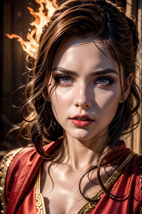 Portrait of Incredible young woman fire master, extremely detailed face, beautiful detailed fire eyes and ruby red lips with long eyelashes. Fire Tribe Short Costume, intense pose, ready to fight, dramatic lighting and mood, photorealistic, cinematic light...