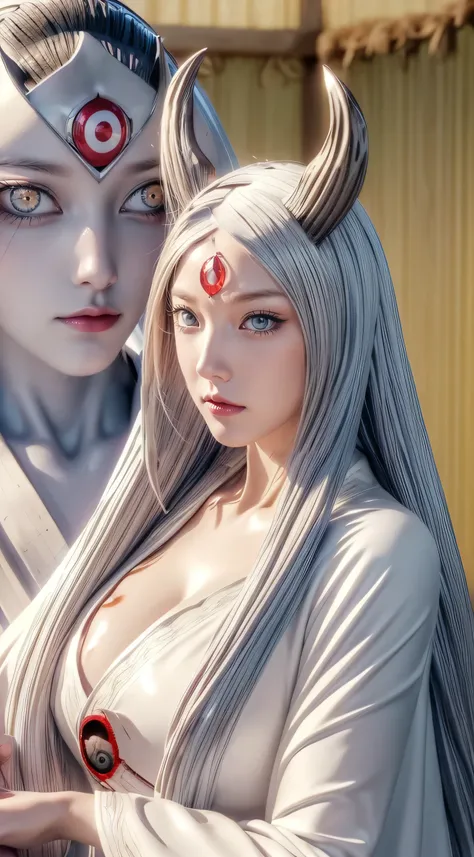 marin kitagawa,
(1),
(kaguya otsutsuki cosplayer in naruto anime),
((kaguya horns:1.1)),
(white eyes:0.9),
(((1eye on forehead:1.5))),
((long white hair:1.2)),
(glossy red lips:1.3),
(detailed fingers),
((Erotic smile1.1)),
((white kimono with kaguya otsut...