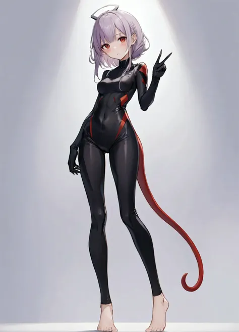 Inspiration from Anime Darling in the Franxx Science Fiction, humanoid alien, woman, vivid lilac skin color, a horn in the middle of the forehead, red eyes, black tight open finger gloves , a tight little black top, leggy pants with a design with rounded s...