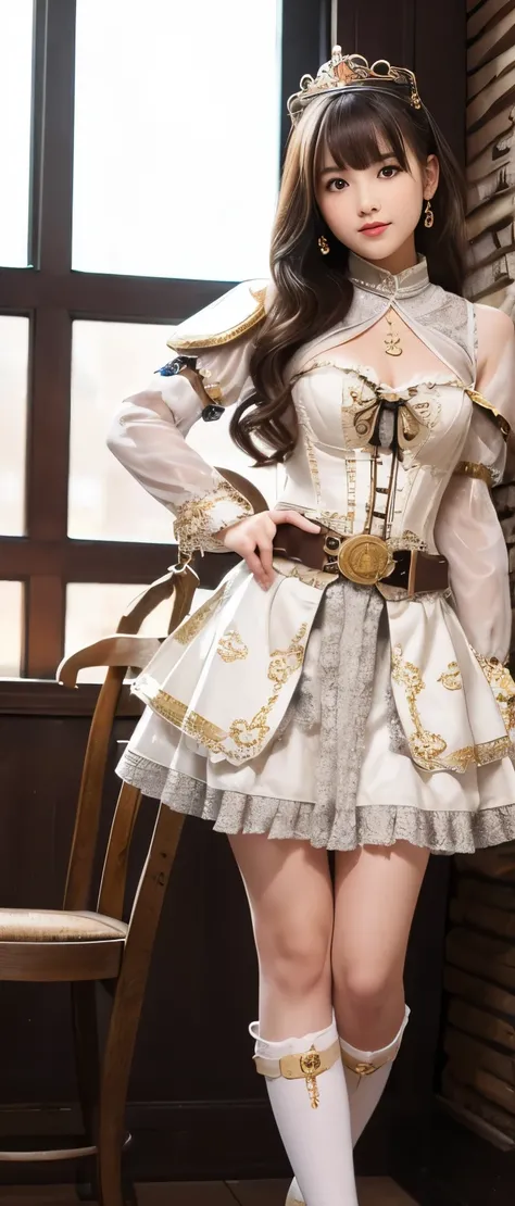 Gorgeous idol princess girl、whole body、Good style、、、、、、、、、、Thick legs、Elephant Print Steampunk Armor Dress（Silver and Ivory）、Elephant Belt、A pure girl&#39;s face、、、、、、Gorgeous luminous watch、Diadem