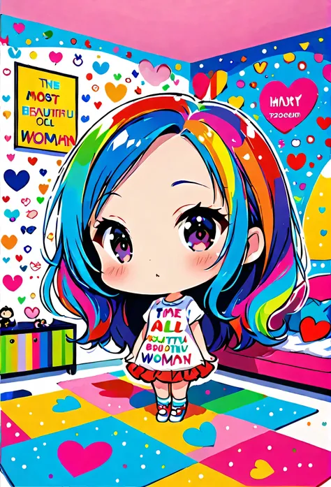 Ultra-realistic Takahiro Miyashita colorful style, Simple lines acronym abstract art，(((The most beautiful woman of all time))), (((Chibi))), Colorful hearts, kawaii design, Dark Eyes, (((Holidayy room))), (((Cute Protozoan)))