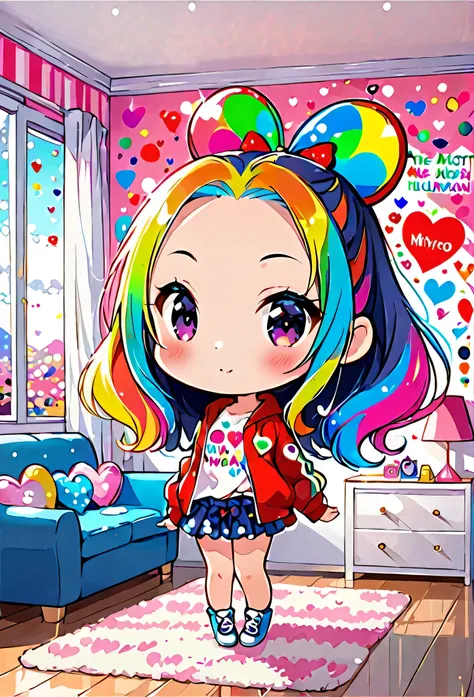 Ultra-realistic Takahiro Miyashita colorful style, Simple lines acronym abstract art，(((The most beautiful woman of all time))), (((Chibi))), Colorful hearts, kawaii design, Dark Eyes, (((Holidayy room))), (((Cute Protozoan)))