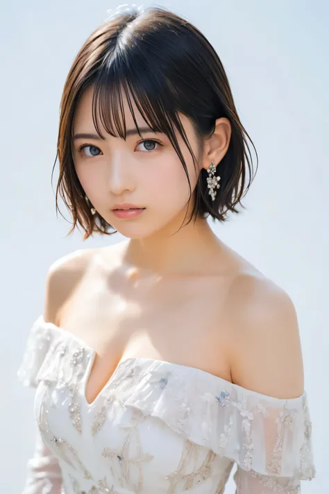 8k,Confused, High resolution, Very detailed, 1 girl, Alone, Very beautiful eyes, Ultra-precise depiction, Artistic、Very detailed depiction, ([    "Intertwined:1.2), , (White high key background:1.5), (((White off-shoulder dress 1.5))), 、 Short Hair、Earring...