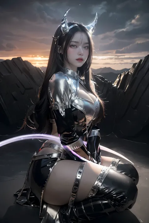 ((masterpiece, best quality, extremely detailed), volumetric lighting, ambient occlusion, colorful, glowing), 
1girl, solo, young girl, (dark hair), long hair, horns, aura, devilish, goddess, cleric suit, (black outfit with silver detailst:1.3), devil wing...