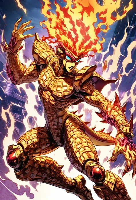 1 Stand Jojos Bizarre Adventure art style, stand golden experience, humanoid shape, fire salamander, various geometric fire shape, scaly skin, no jacket, flaming aura, creature is jojos stand, naked, perfect hands