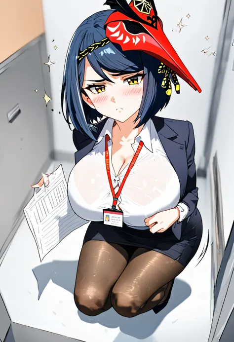 8K, , look at viewer, best quality, super detail, HD, textured skin,  sparkle, low bloom, motion blur, cheeks flushed, anime,  tsundere, a girl dressed as an engineer crouches down in a toilet stall, 1girl, kujou sara, office lady, breasts, pantyhose, squa...