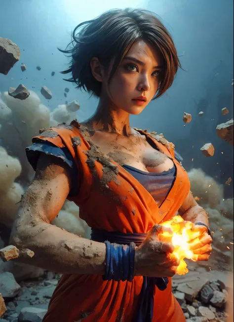 8k, Photorealistic、Realistic skin texture、Pore expression、Beautiful Japanese Women、A female version of Son Goku from Dragon Ball、whole body、Kamehameha 、Broken cityscape、Cosplay、live-action version、Deadly Combat、Realistic expression、Covered in scars、Glare