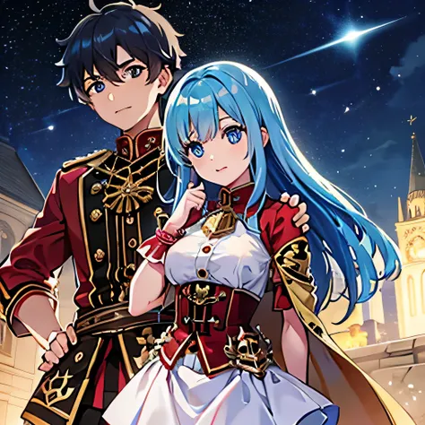 A girl with blue eyes and light blue hair, red blouse with gold plates on her body, pink panties, a gold bracelet and white skirt affectionately leaning her head on the shoulder of a boy with short black hair on the lips, ojos marrones, lentes, red jacket ...