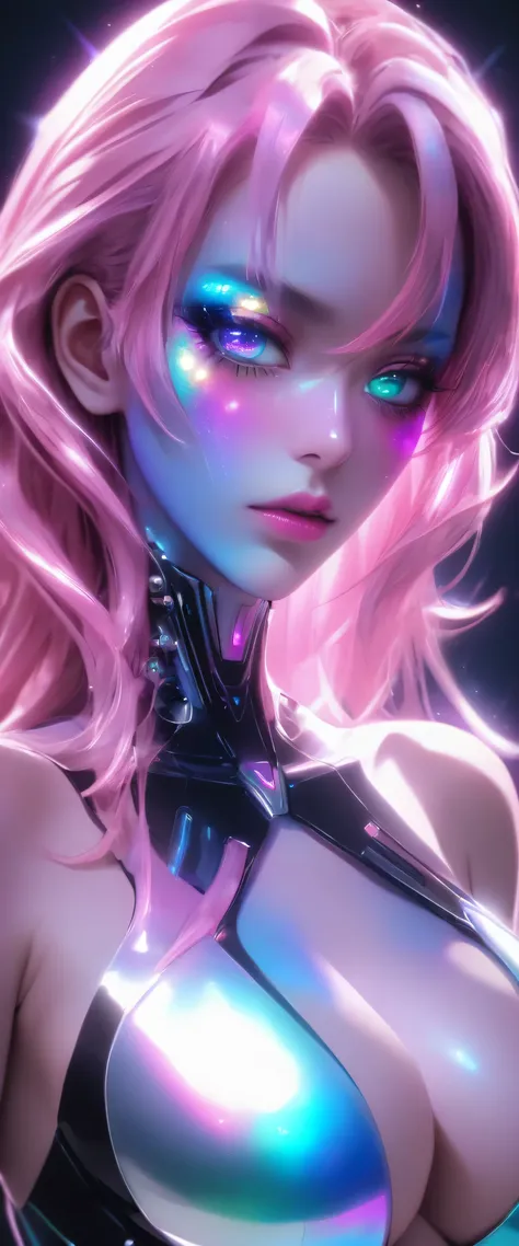 80’s glam rock makeup on shiny android face, anime, 2.5d, glittery face, moody lighting, (purples, pinks, and blues), iridescent...