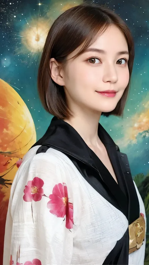 293 (20-year-old woman,short hair), (A kind smile), ((宇宙海賊captain,captain)), (colorful), (Leonardo da Vinci paintings), flower, Futuristic space pirate ship, nebula