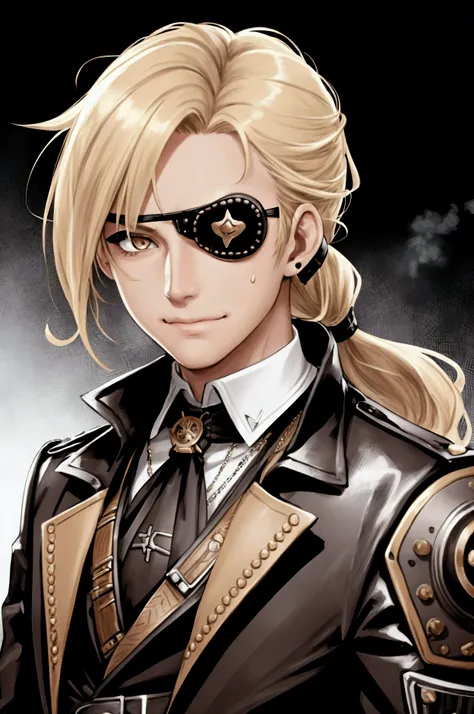 Blonde, Brown eyes, teenager, eyepatch, ponytail, fancy clothes, male, no emotion, steam punk, no jacket, hyper detailed face, portrait, Black and white clothing