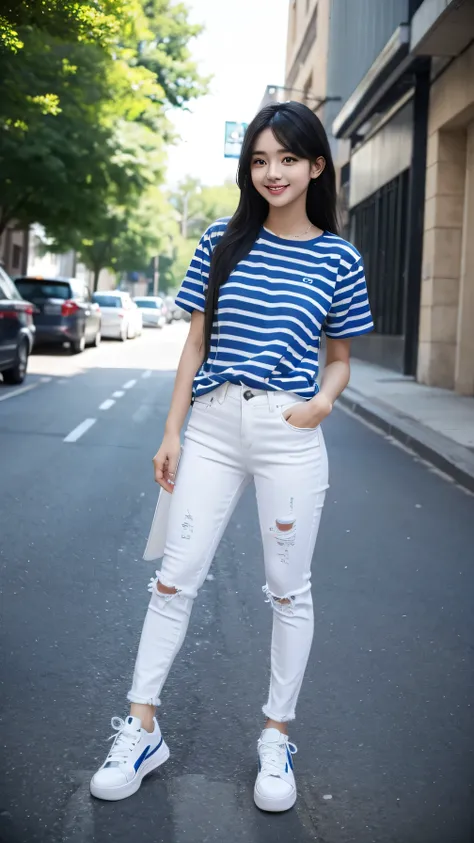 A girl is standing 、Full body photo、White striped t-shirt, Blue skinny jeans, Black Hair,、Hairstyle: Medium long、Ear piercing、 , smile, 、White sneakers, University
