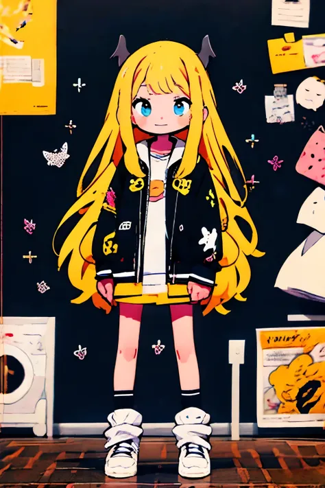 anime girl with long blonde hair and blue eyes standing in front of a wall of yellow and black pictures, anime style mixed with ...