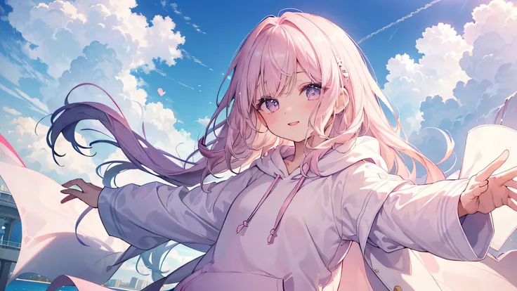 (((Highest quality、masterpiece、Ultra-fine、Ultra-fine、Exquisite、Oversized hoodie,16k,cute,With arms outstretched,The best smile,Delicate eyes,Delicate hands,Full HD,))), (With arms outstretched),((One person,cute,Long eyelashes、White skin、)), (Pale pink lip...