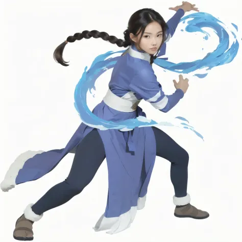 Asian girl, brown skin, katara, realistic, blue eyes, brown hair, kungfu pose, braid hair