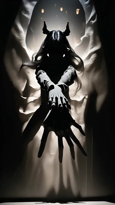 ((Masterpiece)), envision a 8k, highres, cinematic, full body shot silhouette of a scary terrifying shadow monster girl with long hair ((Shadow)), (reaching out her hand towards the viewer), in dark lighting, against a dark gray background