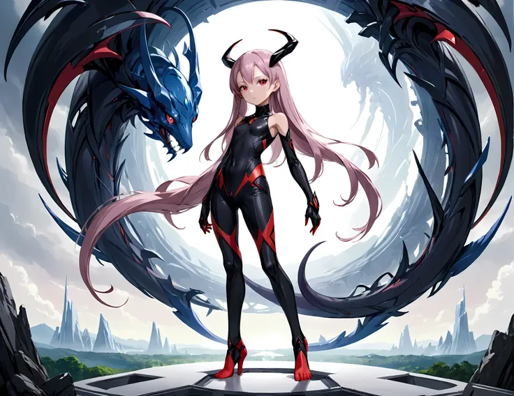 Inspiration from Anime Darling in the Franxx Science Fiction, humanoid alien, woman, vivid lilac skin color, a horn in the middle of the forehead, red eyes, black tight open finger gloves , a tight little black top, leggy pants with a design with rounded s...