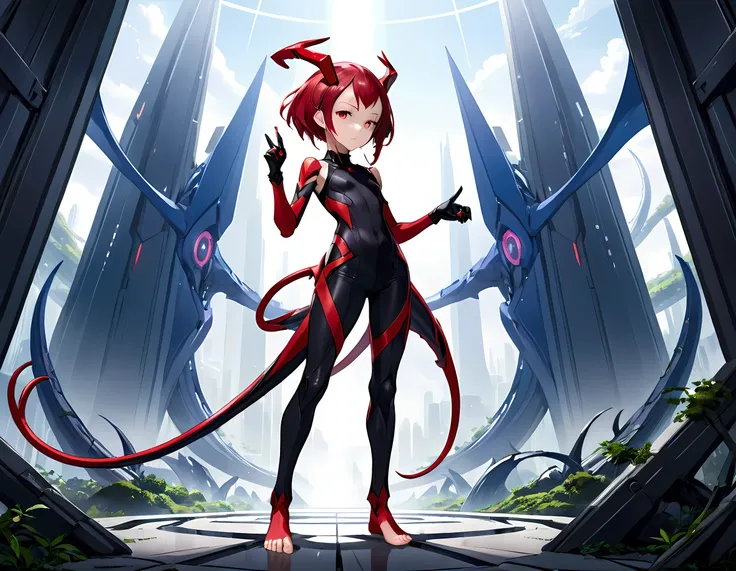 Inspiration from Anime Darling in the Franxx Science Fiction, humanoid alien, woman, vivid lilac skin color, a horn in the middle of the forehead, red eyes, black tight open finger gloves , a tight little black top, leggy pants with a design with rounded s...