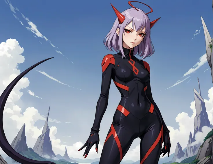 Inspiration from Anime Darling in the Franxx Science Fiction, humanoid alien, woman, vivid lilac skin color, a horn in the middle of the forehead, red eyes, black tight open finger gloves , a tight little black top, leggy pants with a design with rounded s...