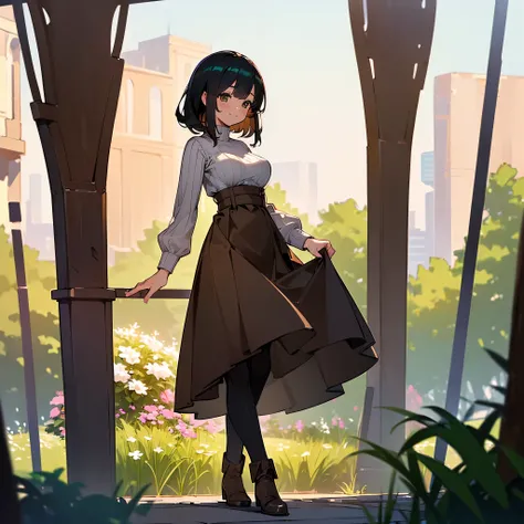 (high quality, High resolution, Very detailed, reality:1.37), Peaceful atmosphere, (Outdoor, garden), Teenage girl standing alone, (My breasts are large.), Beautiful details, Cute Smile, (Black bob hair), Ribbed sweater,Brown skirt, Black tights, Brown boo...