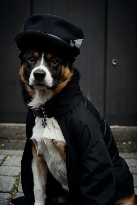 Dog wearing black coat and black hat like a gangster