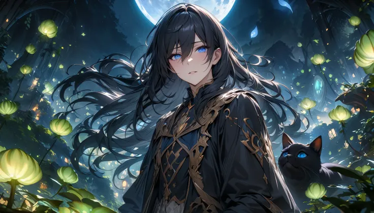 absurd, high resolution, Extremely detailed, HDR, masterpiece, 最佳质量Extremely detailed的脸和眼睛, Blue Eyes, Black long hair, Hair between eyes, Solitary, Handsome face, Black Cat,moon, fantasy, firefly, wonderland