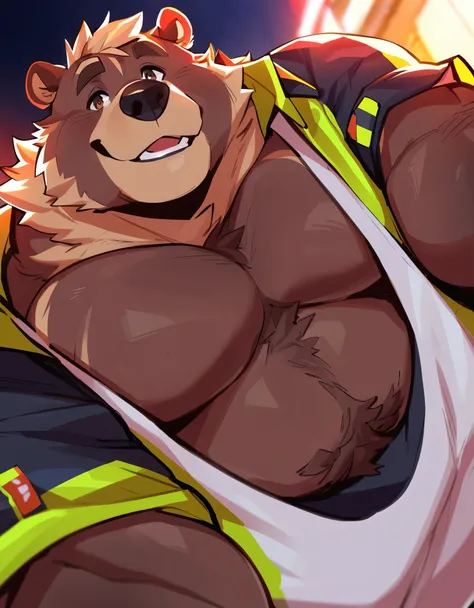 close-up portrait: excited obese grizzly bear flatbed-driver; showing off his chartreuse safety shirt/uniform and charming smile...